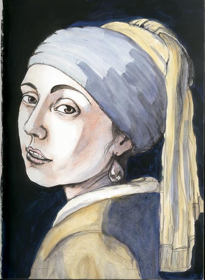 Natalie Dekel: Self portrait in 17th century Holland, after Vermeer. A3, Acrylic on card, 2004.