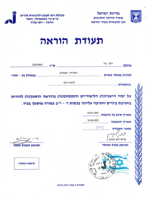 Gil Dekel - Teacher Certificate BEd Hons equiv.