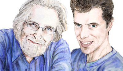 Portrait of Neale Donald Walsch, author of 'conversations with God' (left), and Gil Dekel, PhD (Right). Drawn by © Natalie Dekel, 2010.