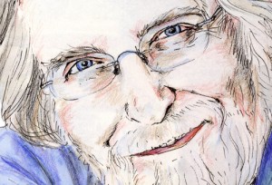 Portrait of Neale Donald Walsch (detail), author of 'conversations with God' (left). Drawn by © Natalie Dekel, 2010.
