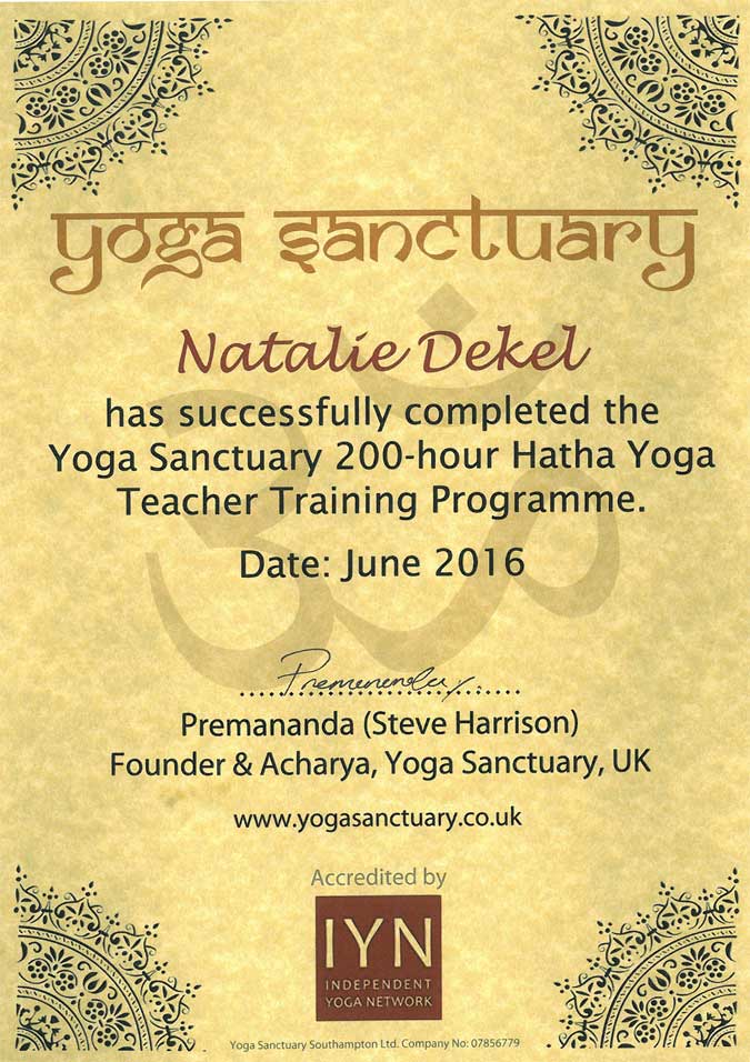 Yoga Teacher Certificate - Natalie Dekel
