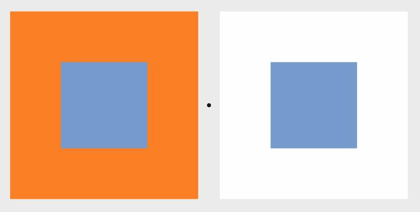 Colours can even change their perceived hue when other colours (and shapes) sit next to ‎them. For example, the two light-blue colours in the illustration below are exactly the same. ‎Their RGB value is exactly the same (R118, G154, B204). But if you compare them, you will ‎notice that the right blue looks slightly darker than the left blue... The colours shift.‎