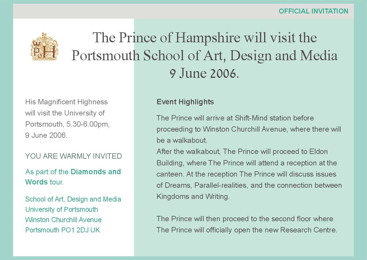 'Prince of Hampshire' - inspiration, creativity, quantum physics, words. Part of PhD research by Gil Dekel. Invitation design.