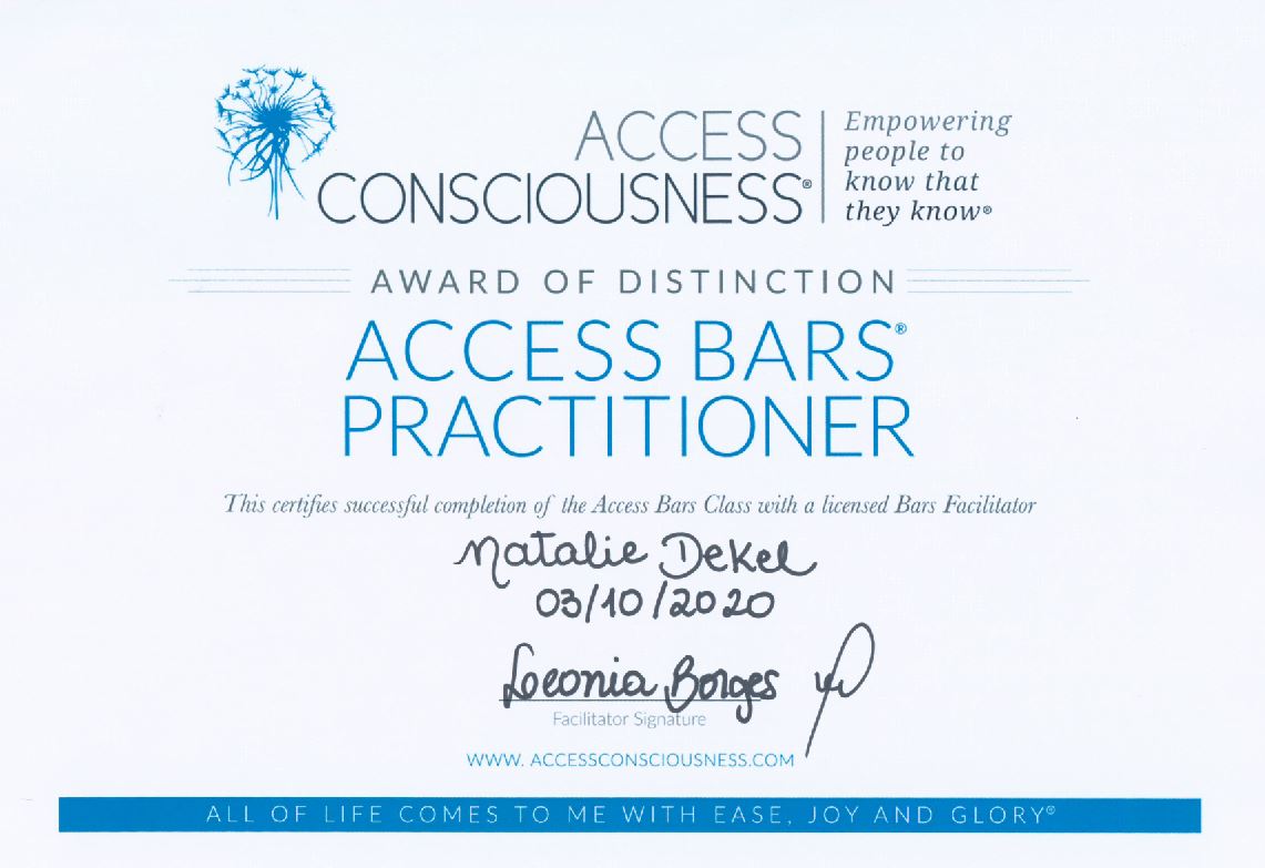 Certificate: Natalie Dekel completed Acces Bars course 
