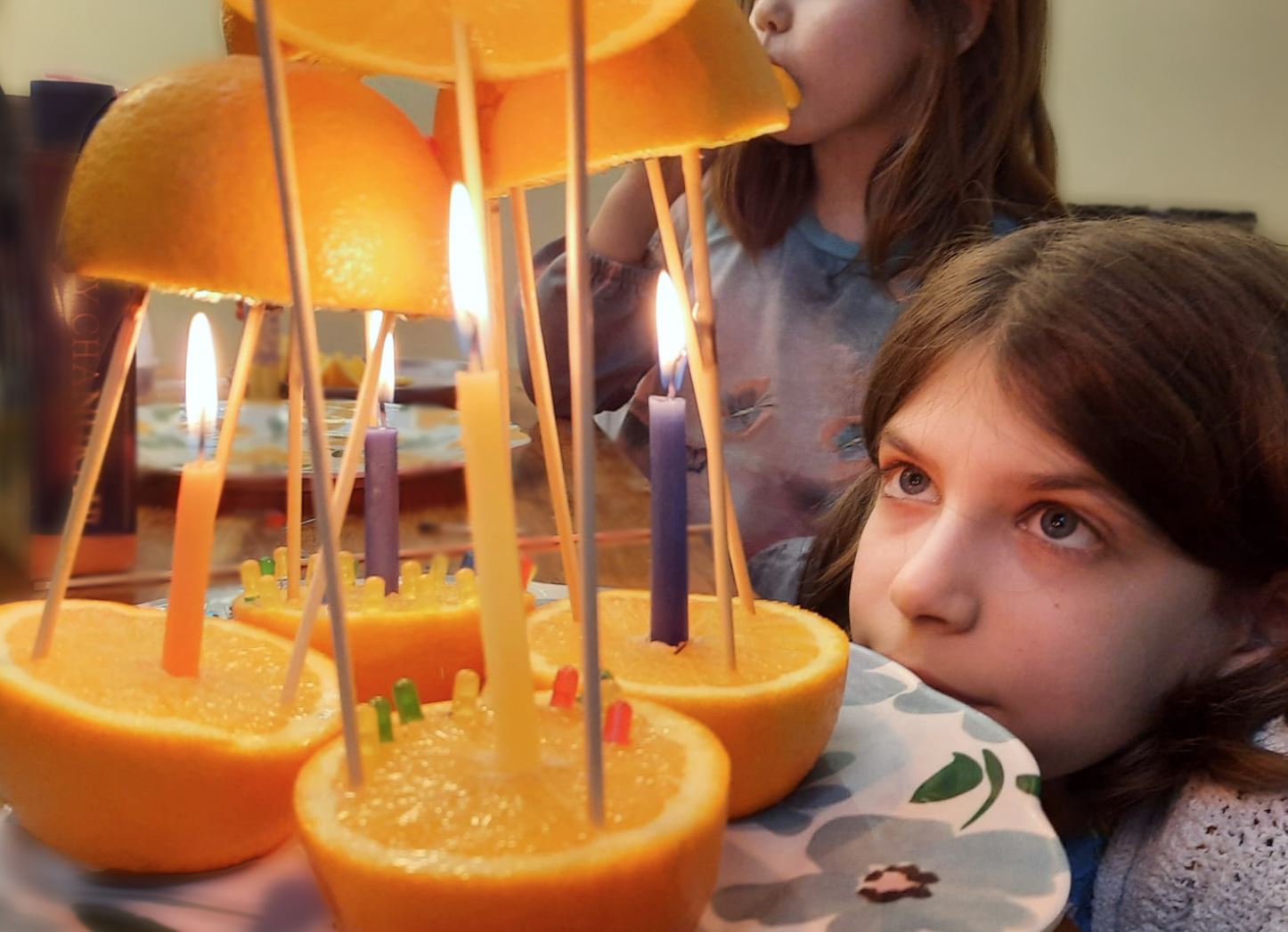 Make Hanukkah Menora from oranges.