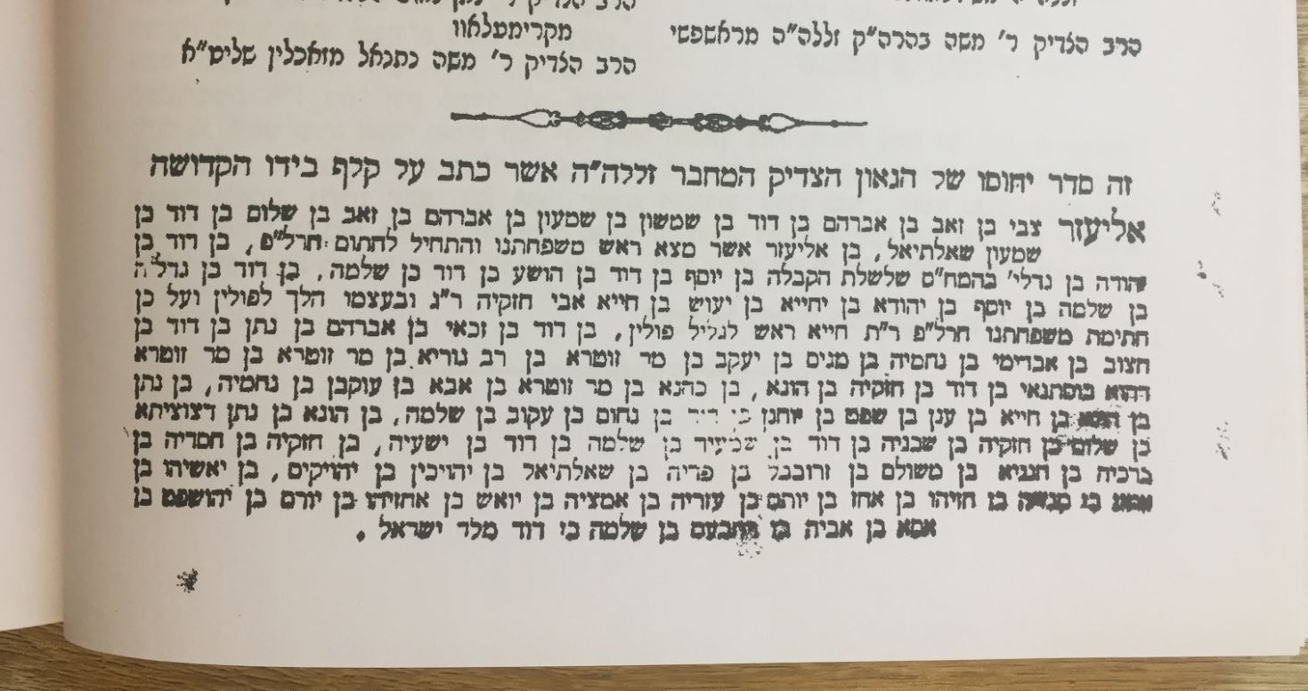 Family Tree (list of names) in 'Hod Tehilah', by Ephraim Eliezer Zvi Hersch Charlap, Rabbi of Mezeritch, first published in 1899. Photo © Gil Dekel.