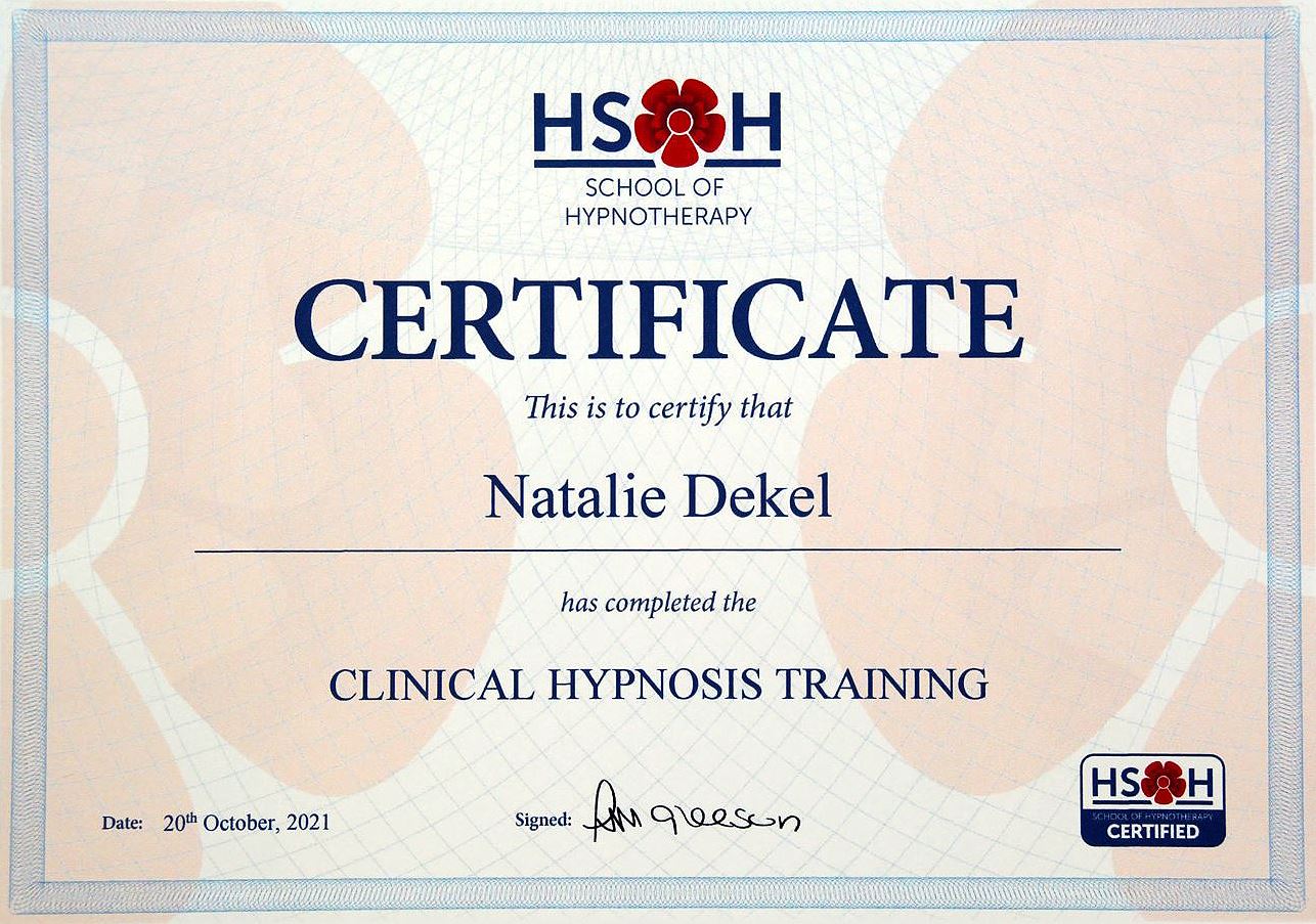 Natalie Dekel - 2021 Clinical Hypnosis certificate