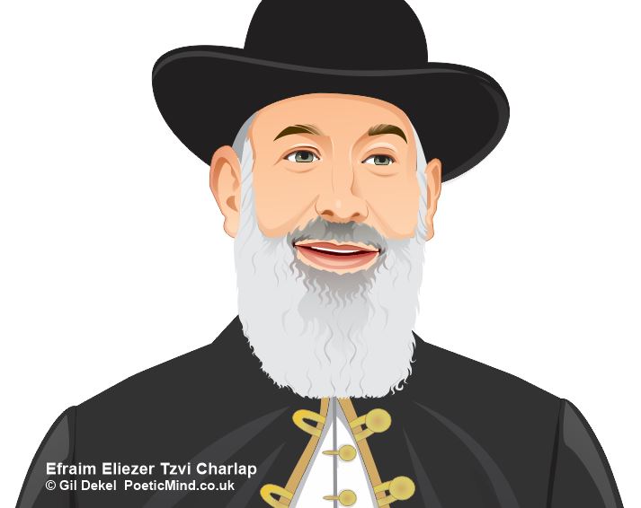 Rabbi Ephraim Eliezer Zvi Hersh (Hirsh) Charlap “Gaon” tzadik of Mezritcher. Author of book book ‘Hod Tehilah’ 1899. הרב אפרים אליעזר צבי הירש חרל”פ, הגאון ממזריטש. Tykocin. Szczuczyn. Miedzyrzec Międzyrzec Podlaski מזריץ’ (מזריטש) פודלסקי. Mezritcher Rebbe. Art copyright © Gil Dekel.