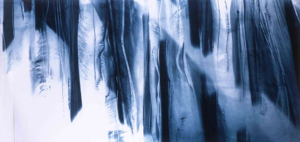 Figure 58: Katayoun Dowlatshahi, Drawing Fragments of Light I, II & III (2004, triptych, gelatine, blue & black pigment onto glass, 168 x76 cm each.) Image © the artist. Permission to use image obtained from the artist.