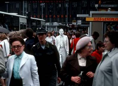 Figure 60: Roi Vaara, White Man (1983, street action) Helsinki, Finland. Photo: © Harri Larjosto. Image obtained from Roi Vaara. Permission to use image obtained from Roi Vaara.