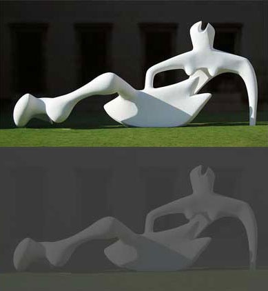 Figure 71: High contrast image (top) and low contrast (bottom) (showing Henri Moore’s Reclining Figure (1951). Photograph © Andrew Dunn. Photo released to public domain by the photographer.)