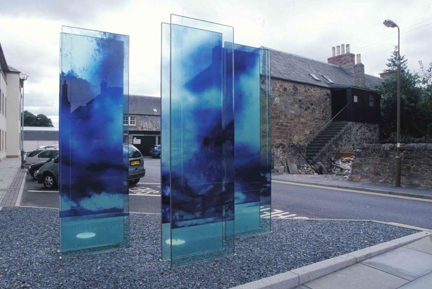 Figure 75: Katayoun Dowlatshahi, Drawing Fragments of Light I, II & III (2004, triptych, gelatine, blue & black pigment onto glass, 168 x 76 cm each.) Image © the artist. Permission to use image obtained from the artist.