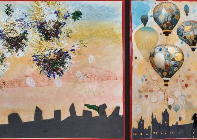 Left: Collage, chalk and paints, by 6-years old Rosie, 2023. Right: AI ‘London by night’, 2023.