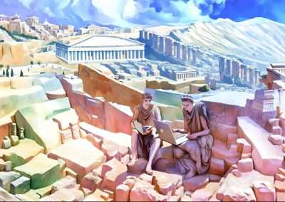 'Laptops by the Acropolis’ by Gil and Natalie Dekel and image-generating AI, 2023.