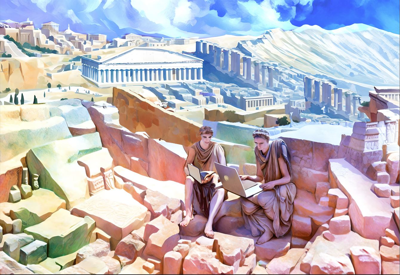 'Laptops by the Acropolis’ by Gil and Natalie Dekel and image-generating AI, 2023.