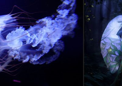 Left: A photo I took in SEA LIFE London Aquarium, which I used (together with poetic text prompt) to generate the AI ‘I Am Once Again in the Pulse of My Heart’, 2023 (Right). Gil Dekel.