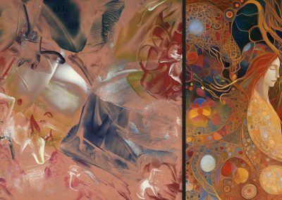 Left: ‘Bronze Flowers’, encaustic wax on card, by Natalie Dekel, 2009. Right: ‘Adam and Eve’, AI, biblical passages, poetry, meditation transcript, Photoshop, 2023.