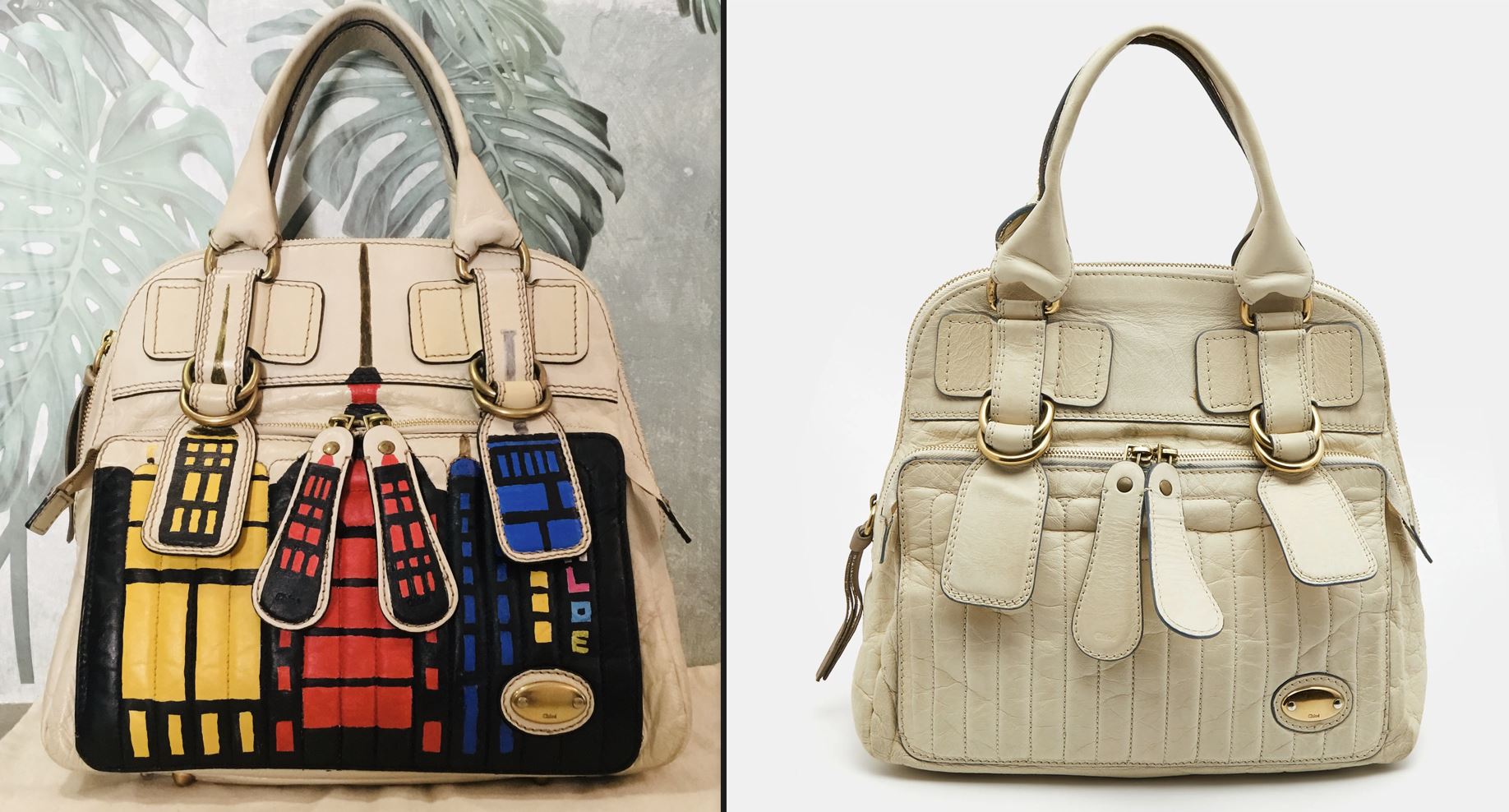 Left: upcycled Chloe Quilted Leather Tote Shoulder bag. Photo: Silvia Contarelli, 2023. Right: The same model bag, shown for comparison. Photo from eBay, used under Fair Use for educational/critical purposes.
