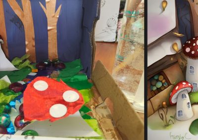 Left: photo of 3D craft in a shoe box, by 10-years old Nicole, 2023. Right: ‘Magic Fairy Land’, AI, 2023.