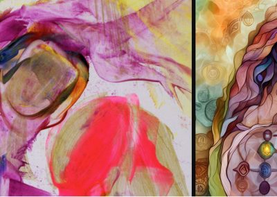 Left: ‘For Mother’ (detail), encaustic wax on card, by Natalie Dekel, 2010. I created a few AI versions from this art. I then used one of the versions to train AI to create the image on the right: ‘The Chakras Dream’, AI, meditation text as prompt, and Photoshop, 2023.