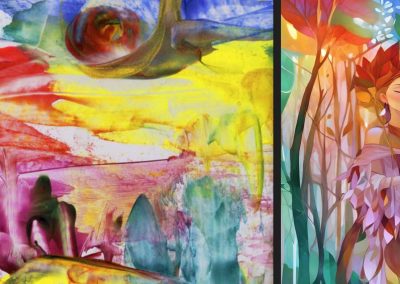 Left: ‘Forest of Love’ (detail), encaustic wax on card, by Natalie Dekel, 2010. Right: ‘And She Was Telling the Secrets of the Forest’, AI, Photoshop, 2023. Gil Dekel