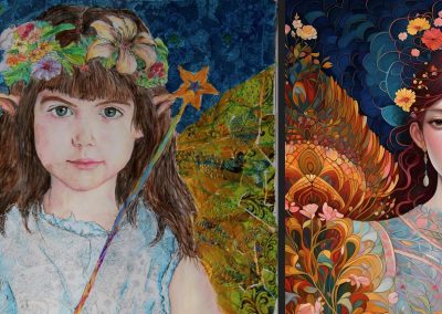 Left: ‘Karmel Fairy’, collage, pencil, acrylics, by Natalie Dekel, 2020. Right: ‘Xzaia 1’, AI, Photoshop, 2023. Elaborate text, based on a story I wrote, was used as the prompt.