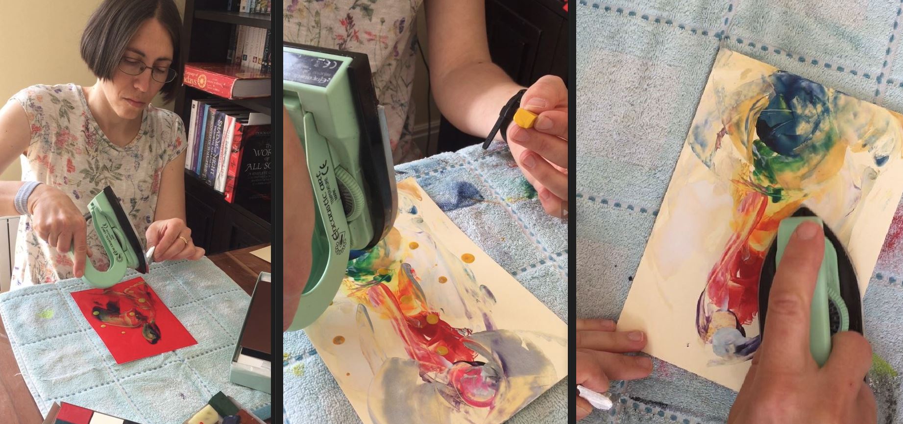 Encaustic wax artist, Natalie Dekel (MPhil). Three views of the process of making two separate works about Chi movements, 2019. Photos: Gil Dekel.