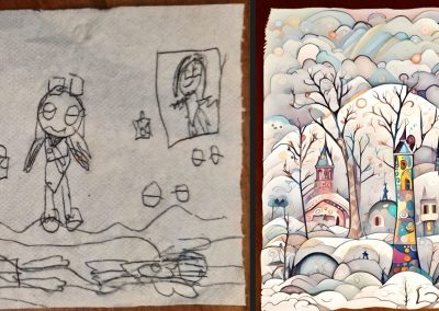 Left: Pen drawing on tissue paper, by 10-years old, Nicole, 2022. Right: ‘The Tower on the Edge of the Clouds’, AI, 2013. Apart of the composition and flowing lines (in the mountain, sky) there is quite a leap from the original to the AI work. I recall the prompt I used since it was a single word: ‘Colourful’… With not much instruction (just a single word) and with the original art as a reference, AI decided on the subject (nature, castles) by itself. Nicole Dekel.