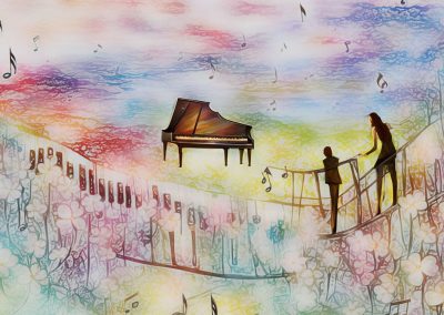‘The Piano’s Dream’, By Gil and Natalie Dekel and AI (encaustic wax, AI, Photoshop), 2023.