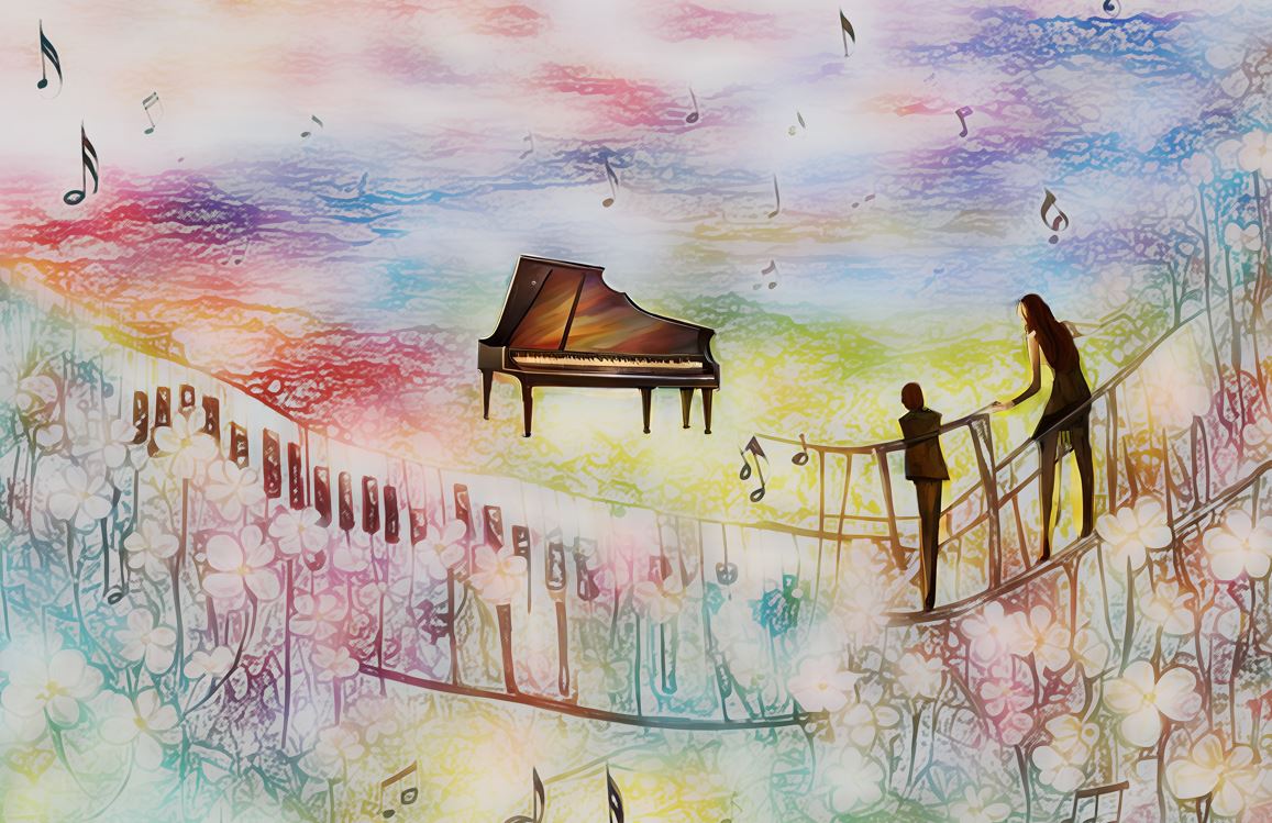 ‘The Piano’s Dream’, By Gil and Natalie Dekel and AI (encaustic wax, AI, Photoshop), 2023.