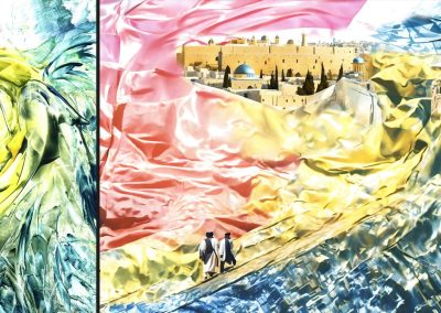Left: ‘Rafael’, encaustic wax, by Natalie Dekel, 2019. Right: ‘Jerusalem #3’, AI, Photoshop, 2023. Gil Dekel