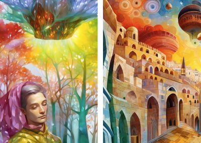 Two further works developed from ‘Forest of Love’ (detail). Left: ‘The Fairy Dragonfly Dream’, 2023. Right: ‘Jerusalem City of Gold #33’, 2023. Gil Dekel