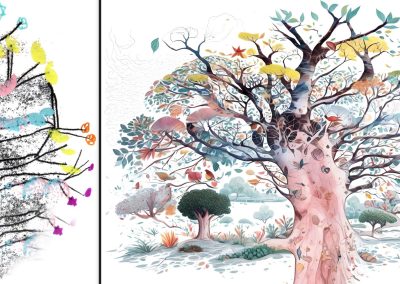 ‘The Pink Tree’. Left: acrylics on paper, by Nicole Dekel, 2022. Right: AI, with the same title, 2023.