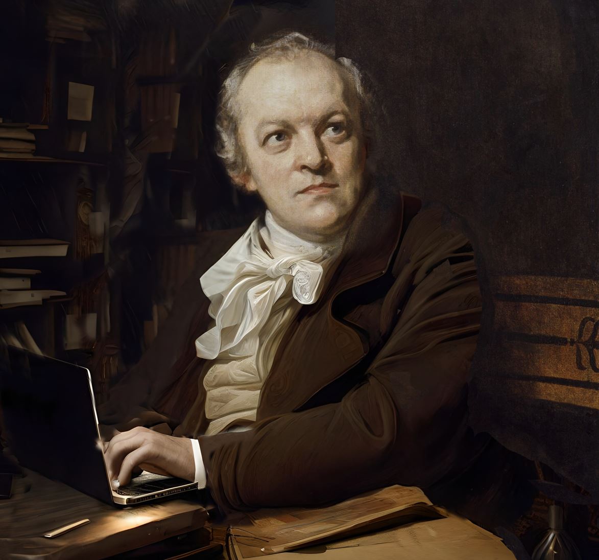 ‘William Blake and his Laptop’, by Gil Dekel and AI, from a portrait by Thomas Phillips (1807), 2023.