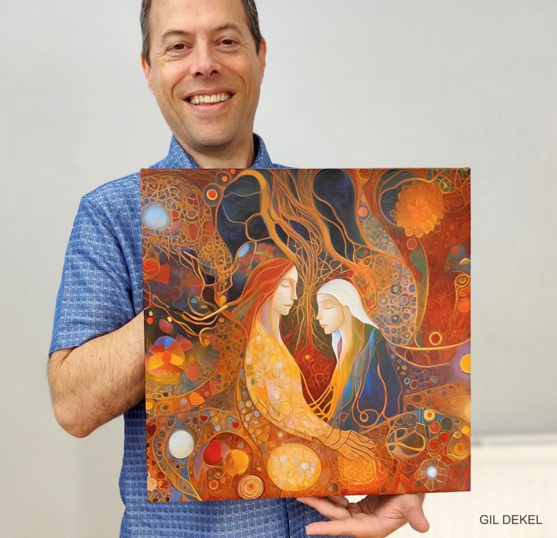 Gil Dekel holding a Print of AI art 2023.