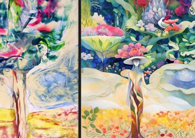 Left: ‘Tree of Fresh Light’, real-life encaustic wax art on card, by Natalie Dekel, 2018. I have used this work, together with text from my poetry, to generate the AI image, ‘Eve, Mother of All Living’, 2023 (Right). Photoshop was also used to superimpose the dove (cloned from a second version of this AI art).