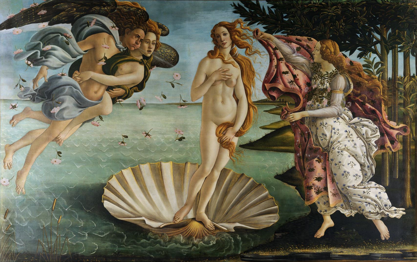 The Birth of Venus, by Botticelli, 1480s. Uffizi gallery, Florence. Image in public domain.