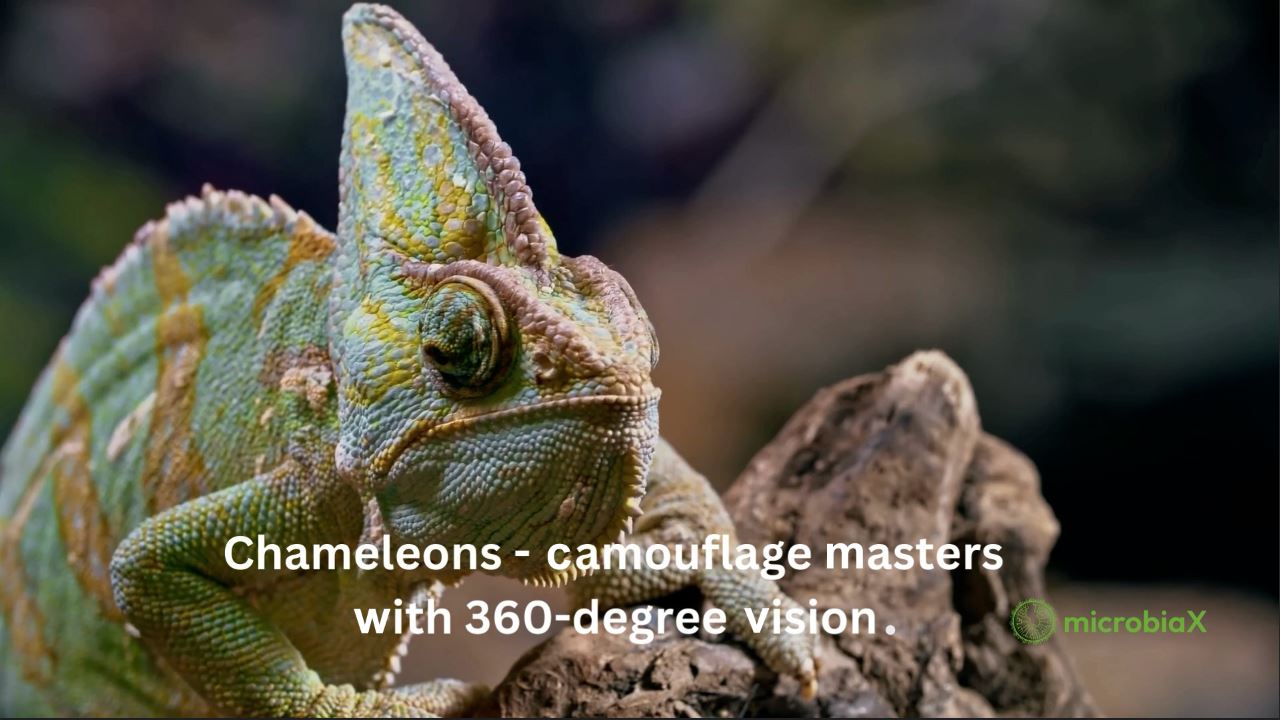 Chameleons: camouflage, and 360-degree vision. Photo from a video clip by Pressmaster, in public domain