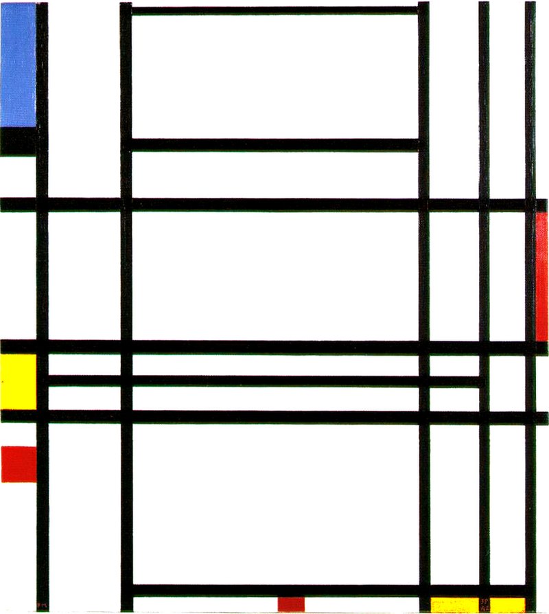 Mondrian’s style has evolved, yet he would focus on a specific style for long periods, such as this grid style work. ‘Composition No. 10’ By Piet Mondrian, 1939–1942. Oil on canvas, private collection. Image in public domain.  