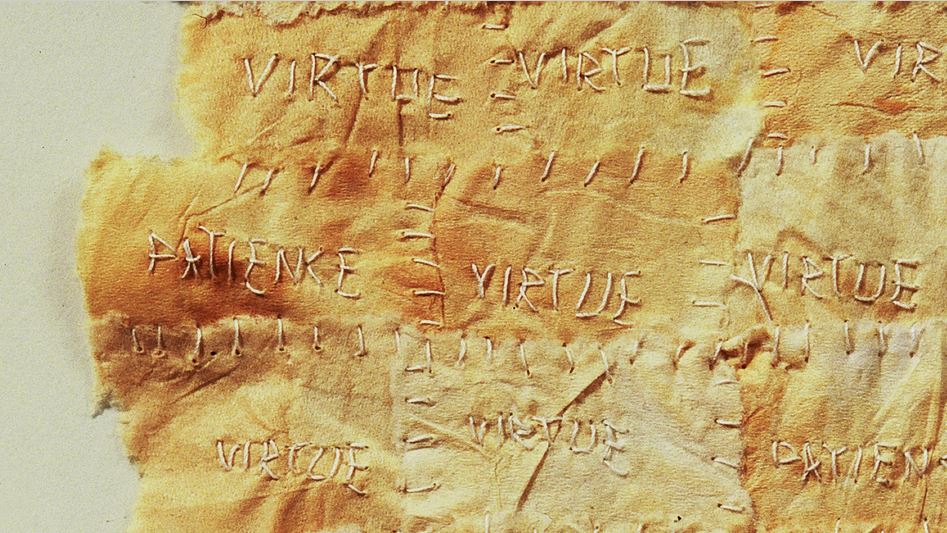 ‘Patience-Virtue’ (detail), mixed media; tea-stained tissue, thread, by Joyce Raimondo, 1995. © The artist. 