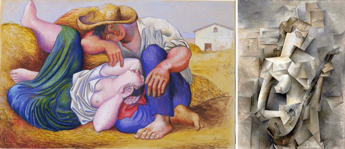 The versatile artistic styles of Picasso. Left: ‘Sleeping Peasants’ by Pablo Picasso, 1919. Gouache, watercolour and pencil on paper, 31.1 × 48.9 cm, Museum of Modern Art. Right: ‘Girl with a Mandolin (Fanny Tellier)’ by Pablo Picasso, 1910. oil on canvas, 100.3 × 73.6 cm (39 × 28 in), Museum of Modern Art, New York. Images in public domain.  