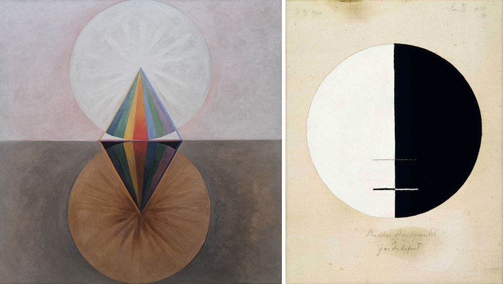 A force moving through the artist… Left: ‘The Swan’, No. 12, Group IX/SUW, by Hilma af Klint, 1915. Right: ‘Buddha's Standpoint in the Earthly Life’, No. 3a, Series XI, by Hilma af Klint, 1920. Images in the public domain.  