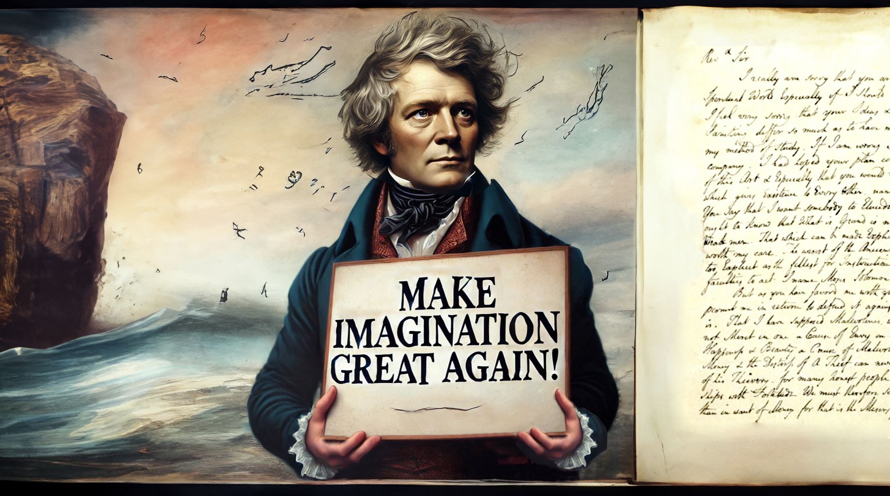 A historical-style portrait of poet William Blake holding a sign that reads