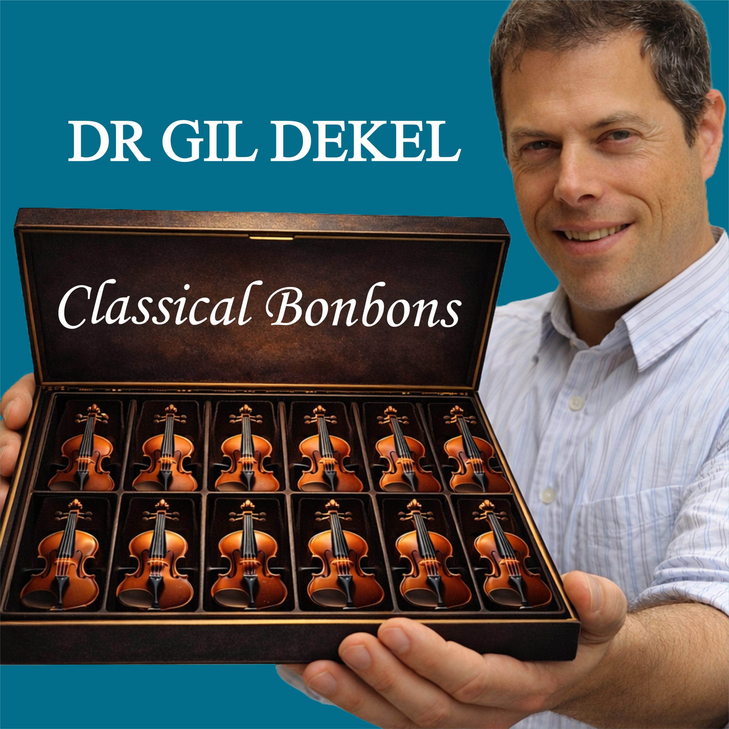 Album cover 'Classical Bonbons ' - Dr Gil Dekel holding a chocolate box, full with small violins instead of chocolates