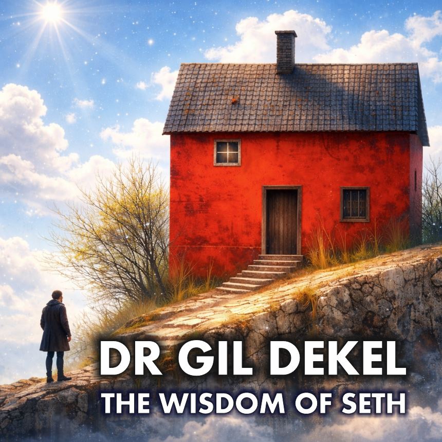 A lone man in surreal composition walking towards a red house on a hill. Positive and contemplative. Album cover. Dr Gil Dekel.